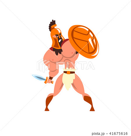 Spartan warrior in golden armor and red cape with sword and shield vector Illustration on a white 41675616