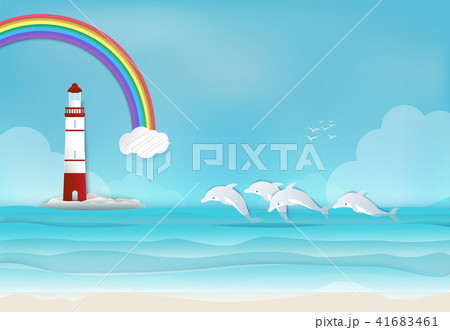 Lighthouse with Dolphin in the sea and rainbow 41683461