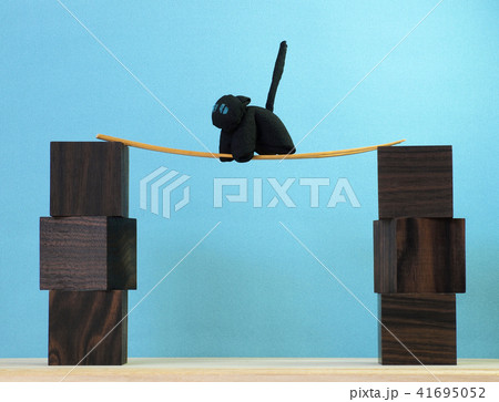 がんばる黒猫イメージ 木製キューブの障害物にチャレンジ 綱渡り状態 がんばる黒猫イメージ 木製キューブの障害物にチャレンジ 綱渡り状態 41695052