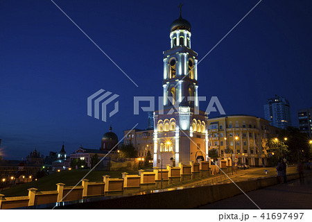Bell tower with the Church of St. Nicholas at night in Samara Russia. 27 June 2018 Bell tower with the Church of St. Nicholas at night in Samara Russia. 27 June 2018 41697497