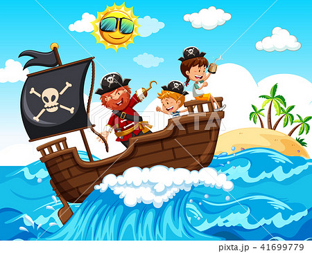 A Pirate And Happy Kids On Boatのイラスト素材