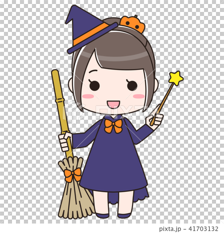 ハロウィン 箒と杖を持った魔女のイラスト素材