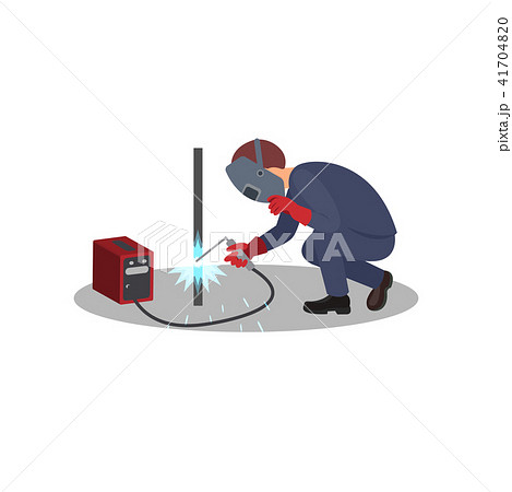 Man welds metal stick, construction works. Professional welder at work. Worker in welding mask and 41704820