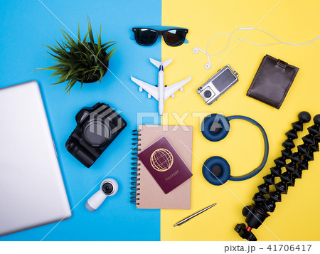 flat lay top view of traveler photographer accessories on yellow background flat lay top view of traveler photographer accessories on yellow background 41706417