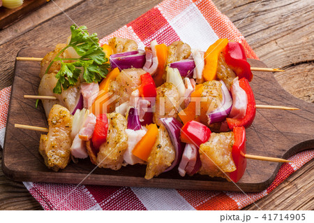 Raw beef skewers ready for grilling Raw beef skewers ready for grilling 41714905