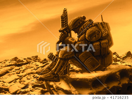 Space soldier awaits evacuation with a spaceship 41716235