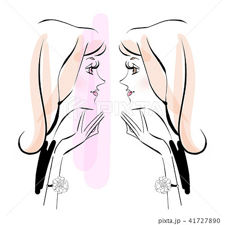 鏡を見る女性 ピンクルージュのイラスト素材