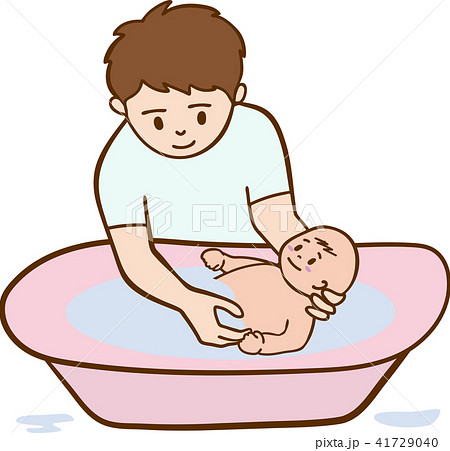 赤ちゃんの沐浴をするお父さんのイラスト素材