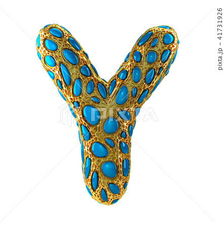 Golden shining metallic 3D with blue glass symbol capital letter Y - uppercase isolated on white. 41731926