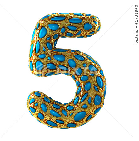 Number 5 five made of golden shining metallic 3D with blue glass isolated on white background. Number 5 five made of golden shining metallic 3D with blue glass isolated on white background. 41731940