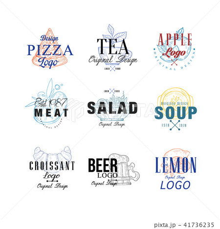 Food logo design set, pizza, tea, apple, meat, salad, soup, croissant, lemon, beer emblems for cafe Food logo design set, pizza, tea, apple, meat, salad, soup, croissant, lemon, beer emblems for cafe 41736235