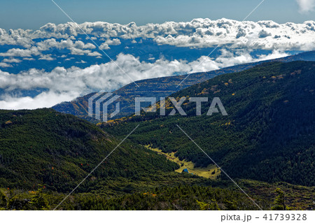 北八ヶ岳・北横岳から見る縞枯山荘と雨池峠方面 北八ヶ岳・北横岳から見る縞枯山荘と雨池峠方面 41739328