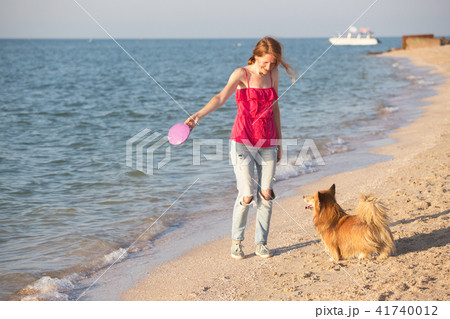 girl playing with a dog on the beach girl playing with a dog on the beach 41740012