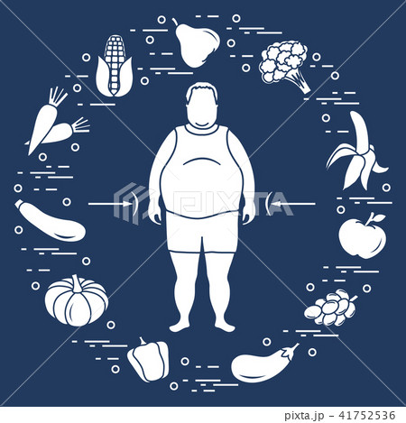 Fat man with healthy food around him Healthy Fat man with healthy food around him Healthy 41752536