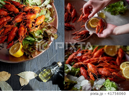 Boiled crayfish lie on a platter. Seafood. Nutritious and healthy dinner.Collage 41756060