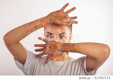 portrait teenage girl covers her face palms 41762573