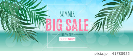 Abstract Summer Sale Background with Palm Leaves and Flamingo. Vector Illustration 41780925