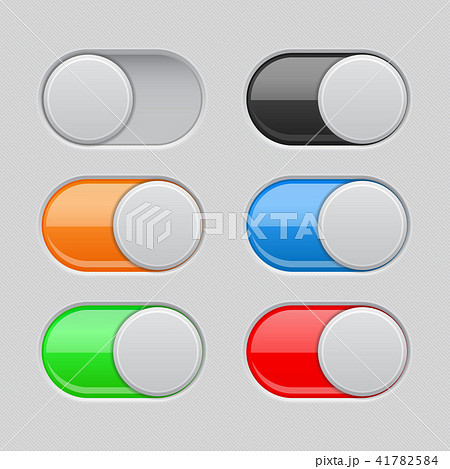 On and Off toggle switch buttons. Colored set of 3d slider icons On and Off toggle switch buttons. Colored set of 3d slider icons 41782584