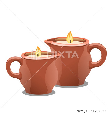Set of burning candles in clay cups. Accessories for spa treatment isolated on white background Set of burning candles in clay cups. Accessories for spa treatment isolated on white background 41782677
