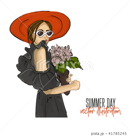 Girl holding flower vector illustration. Romantic mood fashion glamour drawing. Young woman in 41785245