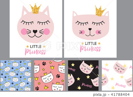 Little Cute Cat Princess Background and Seamless Pattern. Vector illustration 41788404