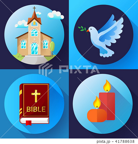 Religion Icons set vector color Flat Design Vector Illustration. Blue dove, old church, candles and 41788638