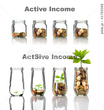 Active and ActSive income concept of Gold coins and seed in clear bottle with text on white background,Business investment growth concept, Active and ActSive income concept of Gold coins and seed in clear bottle with text on white background,Business investment growth concept, 41793068