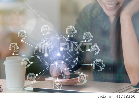 Polygonal brain shape of an artificial intelligence with various icon of smart city Internet of Things Technology over Asian businesswoman hand using the smart mobile phone,AI and business IOT concept 41793350
