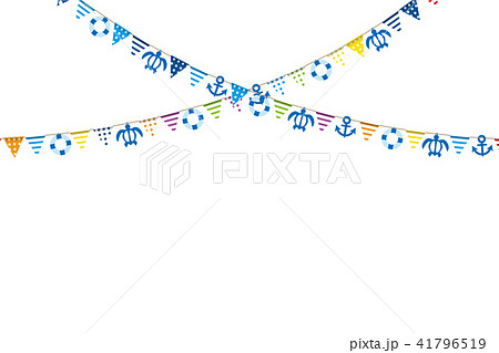 イラスト素材 白背景 夏のイメージの三角旗 パーティーフラッグ 夏のアイコン 亀 錨 浮き輪 横位置のイラスト素材