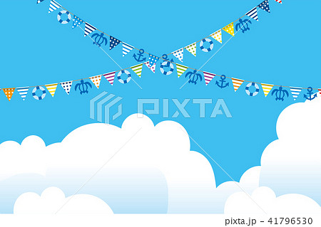 イラスト素材 空背景 夏のイメージの三角旗 パーティーフラッグ 夏のアイコン 亀 錨 浮き輪 横位置のイラスト素材