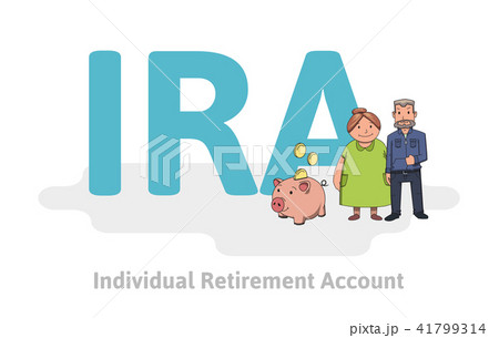 IRA, Individual Retirement Account. Elderly couple in front of acronym, with characters, letters and IRA, Individual Retirement Account. Elderly couple in front of acronym, with characters, letters and 41799314