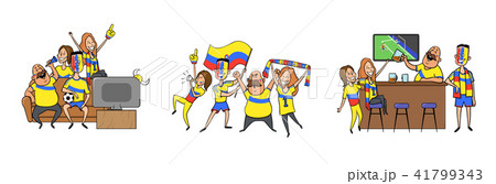 National football team supporters cheering at home, in the bar together. Set of football fans with 41799343