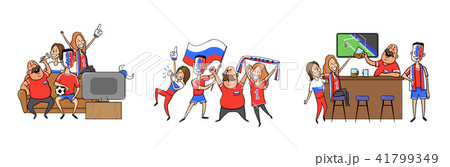 National football team supporters cheering at home, in the bar together. Set of football fans with 41799349