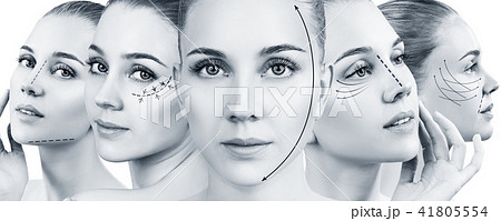 Collage of woman's faces with lifting arrows. 41805554