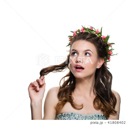 Surprised Girl Looking Up Isolated on White Background Surprised Girl Looking Up Isolated on White Background 41808402