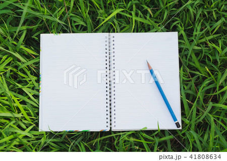 Top view of open book. Book open with pencil 41808634