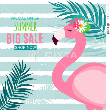Abstract Summer Sale Background with Flamingo and Palm Leaves. Vector Illustration 41809090
