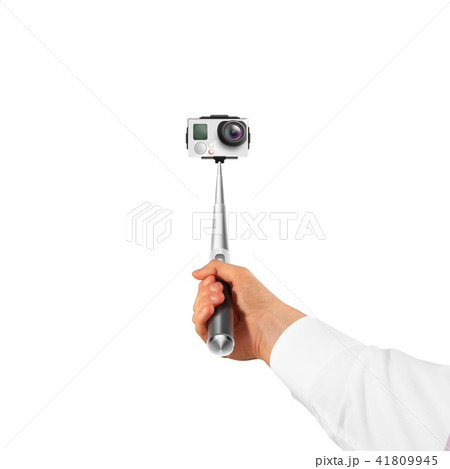 Hand holding action camera isolated, take selfie. Monopod 41809945
