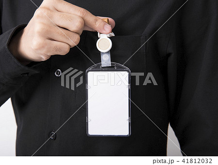 employee hand showing blank id card badge holder employee hand showing blank id card badge holder 41812032
