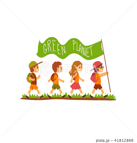Kids with backpacks carrying flag with the inscription Green Planet, save the planet, ecology Kids with backpacks carrying flag with the inscription Green Planet, save the planet, ecology 41812866