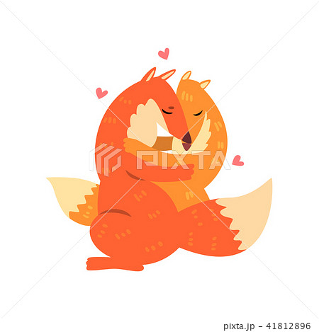 Couple of cute red foxes in love embracing each other, two happy  aniimals hugging with hearts ove 41812896