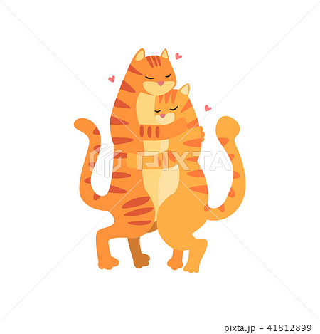 Couple of cute tigers in love embracing each other, two happy  aniimals hugging with hearts ove 41812899
