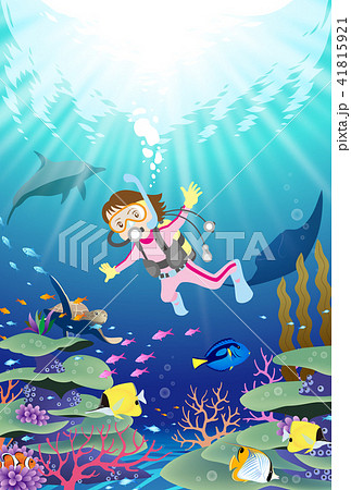 色とりどりの魚が泳ぐサンゴ礁の海をスキューバダイビングする女性のイラスト素材