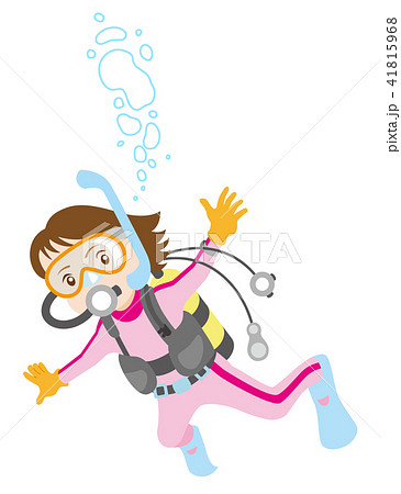 スキューバダイビングをする女性 白背景のイラスト素材