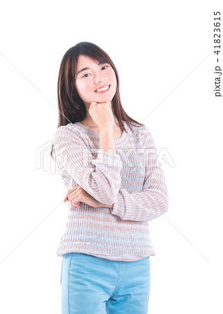 beautiful girl standing and smiles over white  41823615