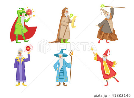 Flat vector set of gray-bearded wizards. Cartoon characters of old men s with magical powers 41832146