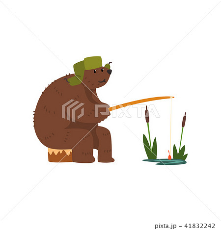 Humanized male bear character catching fish with rod cartoon vector Illustration on a white 41832242