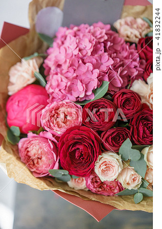 beautiful spring bouquet. flower arrangement with hydrangea and peonies. Color red and pink. The beautiful spring bouquet. flower arrangement with hydrangea and peonies. Color red and pink. The 41832244