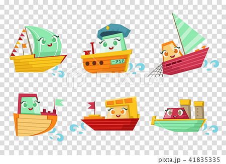 Flat vector set of marine vessels with adorable faces. Small wooden ships and sailing boats Flat vector set of marine vessels with adorable faces. Small wooden ships and sailing boats 41835335