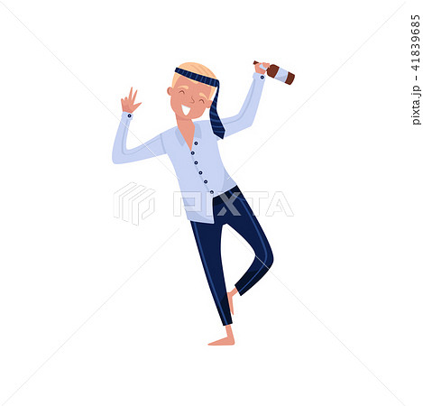 Smiling drunk businessman cartoon character, man standing with bottle of alcohol drink vector 41839685